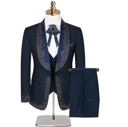 (Jacket+Pants+Vest) Fashion Men Luxury Wedding Suit Black / White / Blue British Style Gentleman Court Ball Party Dress 3 Piece