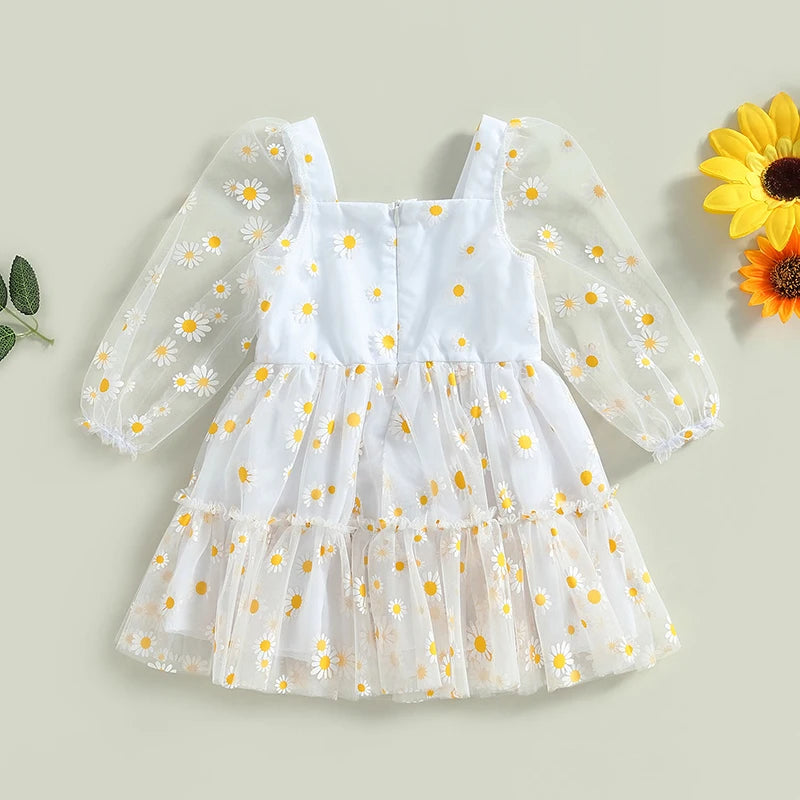 0-3 Years Toddler Baby Girls Princess Tutu A-Line Dress Cute Daisy Print Fall Long Sleeves Lace Ruffle Mesh Tulle Party Dress