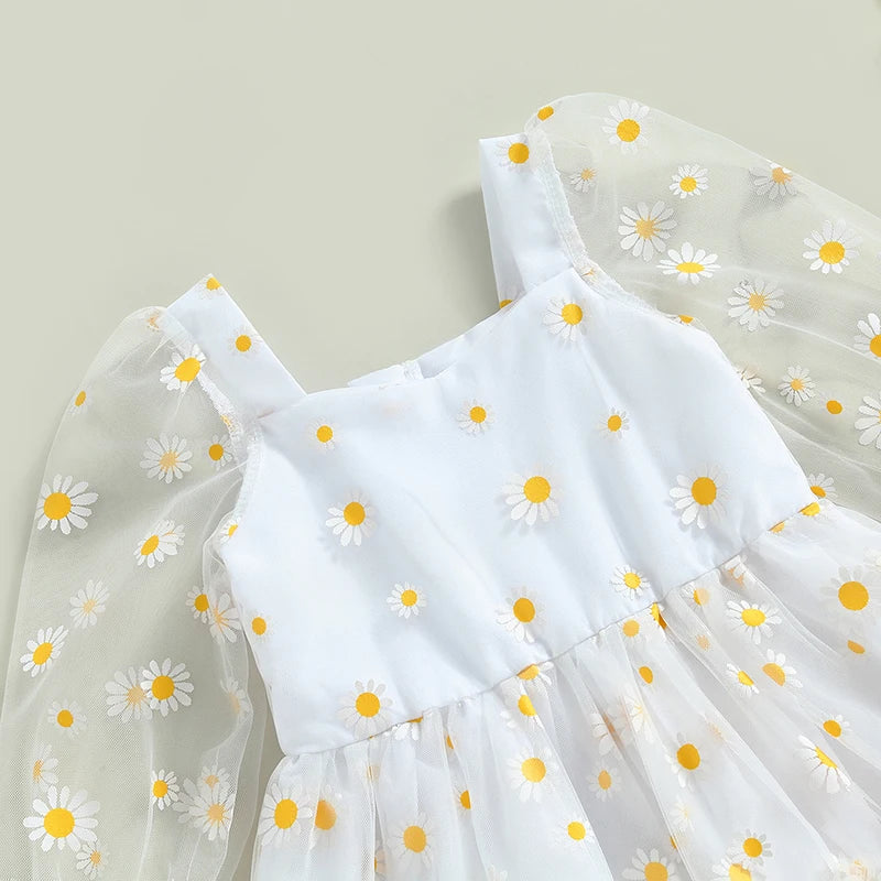 0-3 Years Toddler Baby Girls Princess Tutu A-Line Dress Cute Daisy Print Fall Long Sleeves Lace Ruffle Mesh Tulle Party Dress