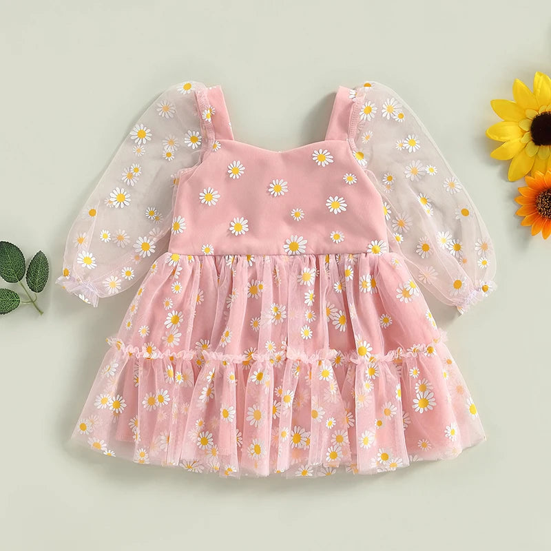 0-3 Years Toddler Baby Girls Princess Tutu A-Line Dress Cute Daisy Print Fall Long Sleeves Lace Ruffle Mesh Tulle Party Dress