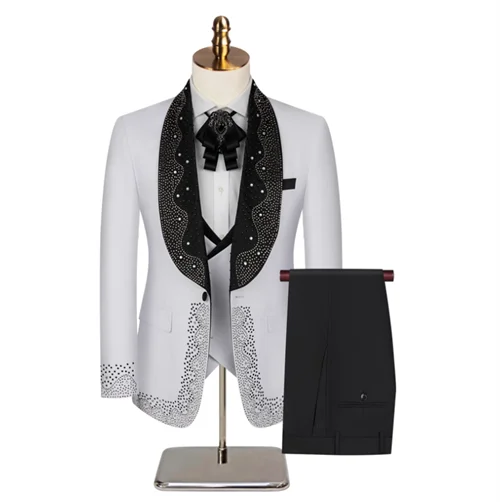 (Jacket+Pants+Vest) Fashion Men Luxury Wedding Suit Black / White / Blue British Style Gentleman Court Ball Party Dress 3 Piece