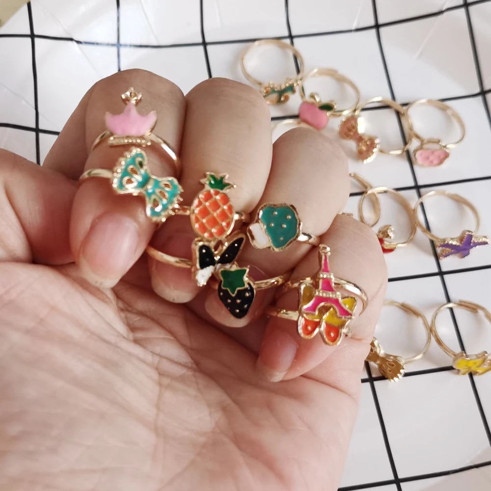 10/12/pcs Cute Cartoon Kids Rings Kawaii Korean Children Girls Flower Bow Alloy Enamel Finger Ring Child Jewelry Gift