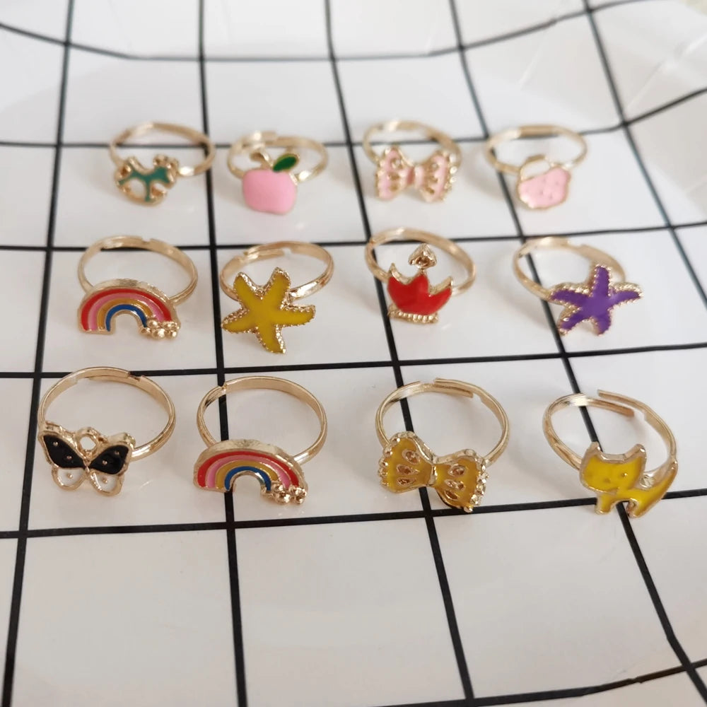 10/12/pcs Cute Cartoon Kids Rings Kawaii Korean Children Girls Flower Bow Alloy Enamel Finger Ring Child Jewelry Gift