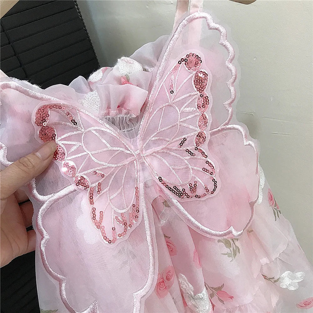 (0-3 years old) Summer Baby Girl Flower Printed Sweet Princess Dress Girl Back Bow Wings Birthday Party Dress