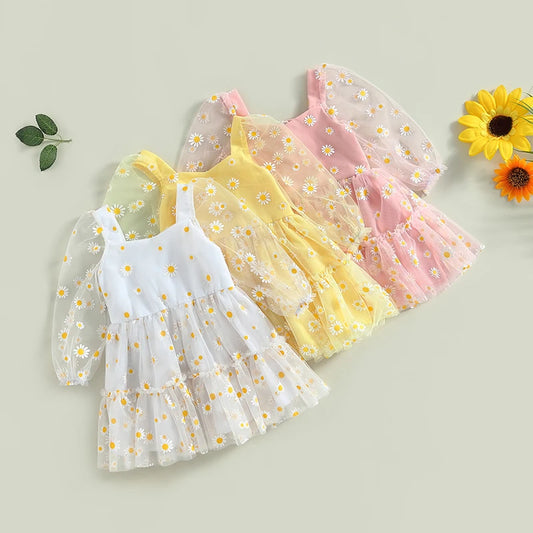 0-3 Years Toddler Baby Girls Princess Tutu A-Line Dress Cute Daisy Print Fall Long Sleeves Lace Ruffle Mesh Tulle Party Dress