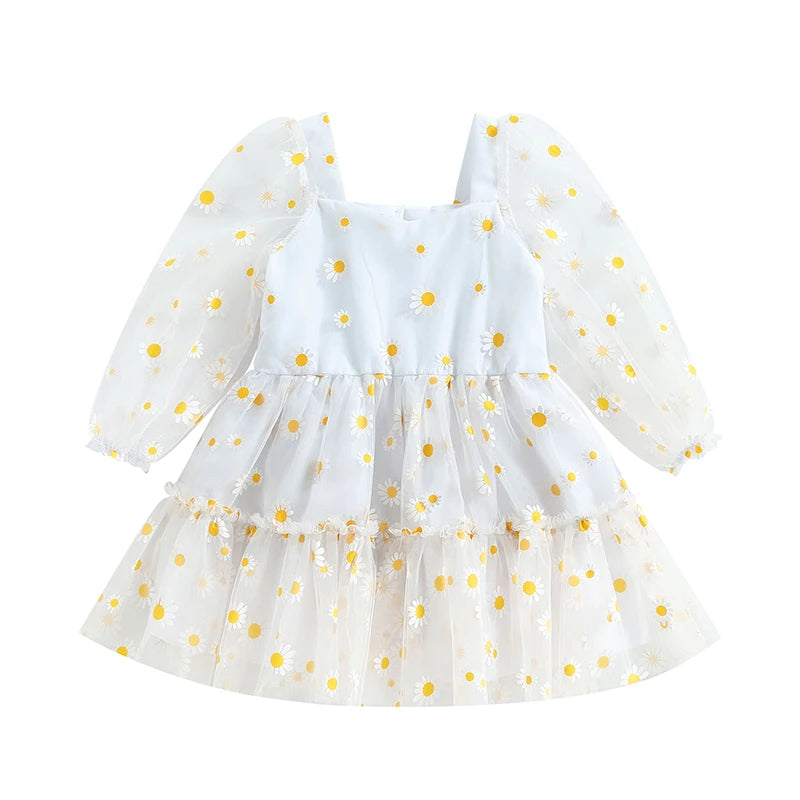 0-3 Years Toddler Baby Girls Princess Tutu A-Line Dress Cute Daisy Print Fall Long Sleeves Lace Ruffle Mesh Tulle Party Dress