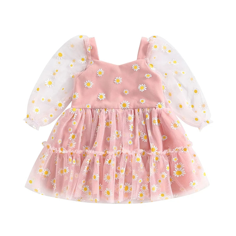 0-3 Years Toddler Baby Girls Princess Tutu A-Line Dress Cute Daisy Print Fall Long Sleeves Lace Ruffle Mesh Tulle Party Dress