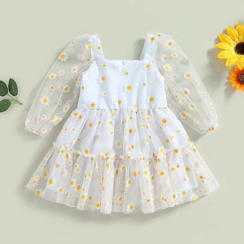 0-3 Years Toddler Baby Girls Princess Tutu A-Line Dress Cute Daisy Print Fall Long Sleeves Lace Ruffle Mesh Tulle Party Dress