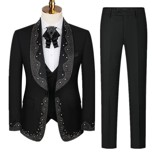 (Jacket+Pants+Vest) Fashion Men Luxury Wedding Suit Black / White / Blue British Style Gentleman Court Ball Party Dress 3 Piece